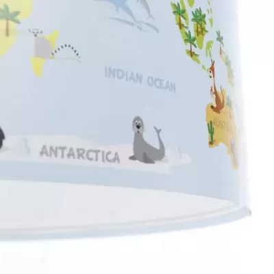 Abajur infantil com mapa ilustrado e animais em azul claro