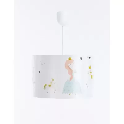 Candeeiro de teto infantil com cúpula decorada com princesa e unicórnios.