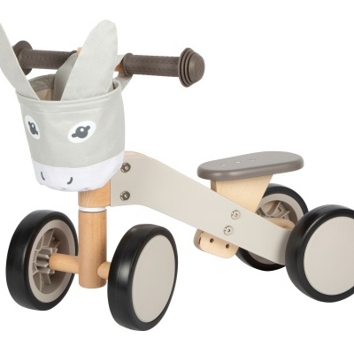 Carrinho/bicicleta para criança com quatro rodas e saco de tecido com rosto animal