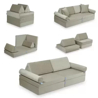 Conjunto modular de sofás bege em várias configurações.