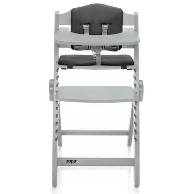 Cadeira alta cinza com almofada preta para bebé