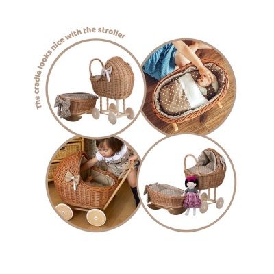 Carrinho e berço de brincar em verga com interior almofadado castanho às bolinhas brancas