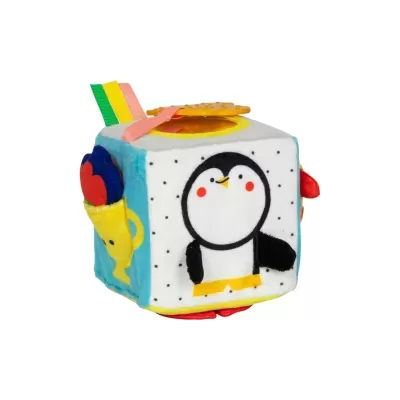 Brinquedo macio em forma de cubo com desenho de pinguim e fitas coloridas