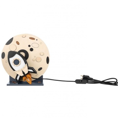 Luminária de mesa com design de lua e foguetão.