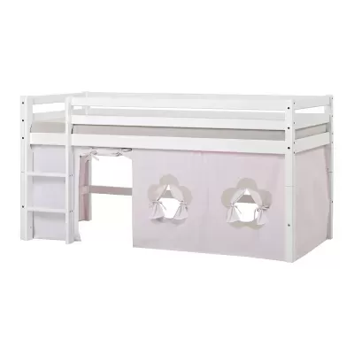 Cama infantil alta branca com cortinas rosa claro e janelas redondas decoradas