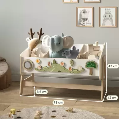 Armazenamento de brinquedos em madeira decorado com figuras de animais