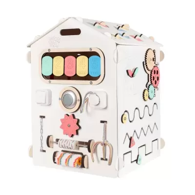 Brinquedo educativo de madeira tipo casa com atividades coloridas