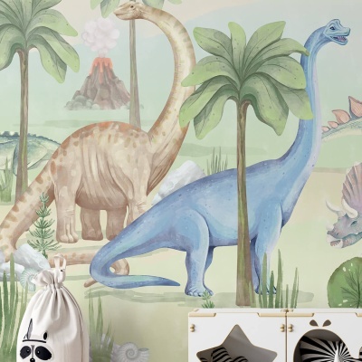 Papel de parede infantil com dinossauros e vegetação em cores suaves
