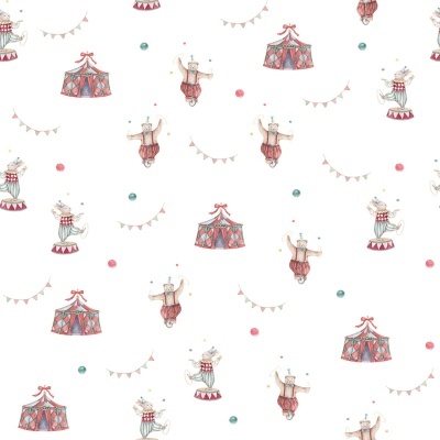 Papel de parede com padrão de circo e animais desenhados em aquarela