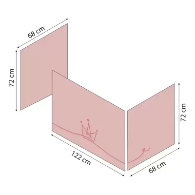 Separador de ambientes rosa com coroa e linhas onduladas, três painéis com dimensões indicadas.