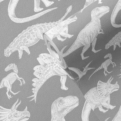 Papel de parede cinza com estampado branco de dinossauros variados