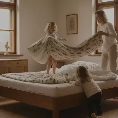 Colcha e fronhas estampadas com padrão de animais verdes numa cama de madeira num quarto com duas crianças e uma mulher arrumando a cama