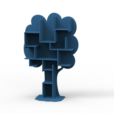 Estante azul em forma de árvore com compartimentos