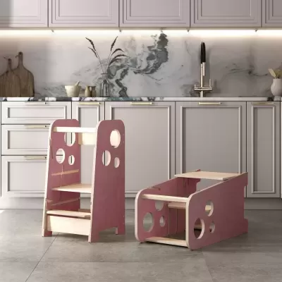 Estruturas de madeira cor de rosa para crianças numa cozinha moderna