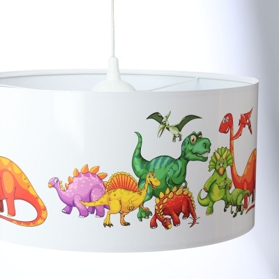 Candeeiro de tecto branco com desenhos de dinossauros coloridos