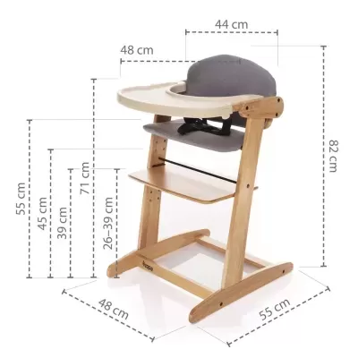 Cadeira alta de criança em madeira com assento cinzento e bandeja creme, medidas assinaladas