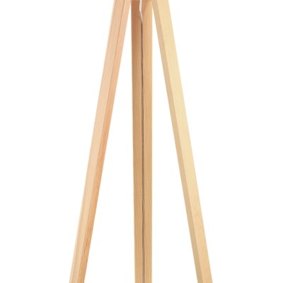 Candeeiro de pé com base de madeira e cúpula rosa