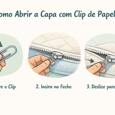 Instruções para abrir capa com clip de papel, com mãos e fecho de capa acolchoada cinza claro