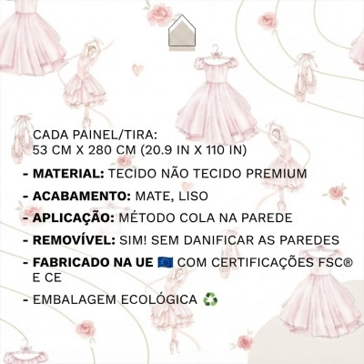 Painel decorativo com vestidos de baile rosa, sapatilhas e flores, texto em português sobre características do produto