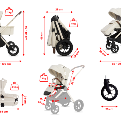 Carrinho de bebé modular creme com medidas e pesos em vermelho