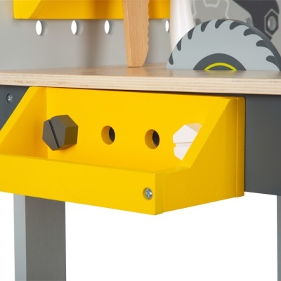 Bancada de trabalho infantil amarela e cinza com gaveta e serra circular decorativa