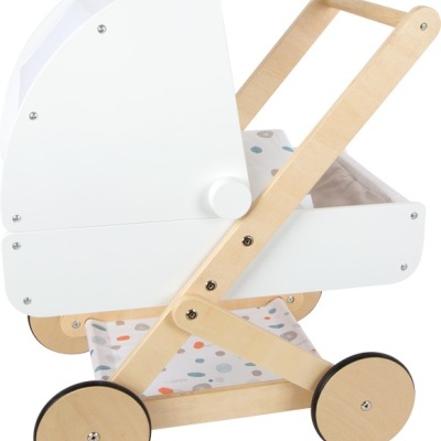 Carrinho de boneca em madeira clara e branca com rodas redondas