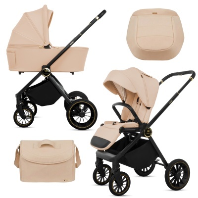 Conjunto de carrinho de bebé bege e preto com acessório bolsa e moisés.