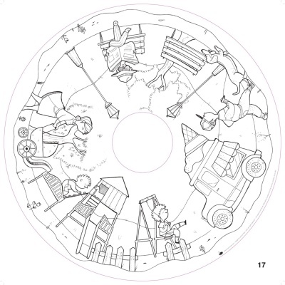 Desenho para colorir de crianças num parque infantil com várias atividades.