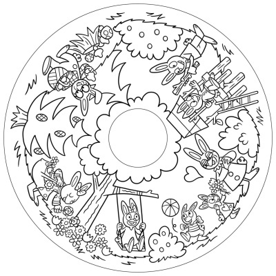 Desenho para colorir de coelhos a brincar num parque circular