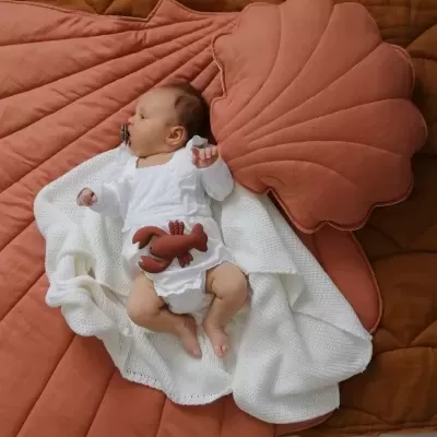 Bebé deitado em colcha terracota com almofada concha e manta branca