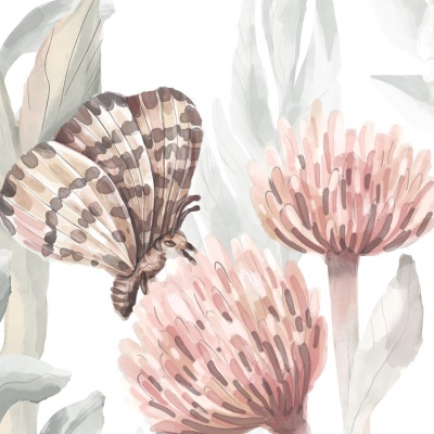 Ilustração aquarela de borboleta em flores cor-de-rosa e folhas cinza