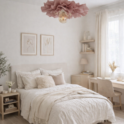 Quarto decorado com cama branca, candeeiro de teto rosa e móveis claros num ambiente luminoso