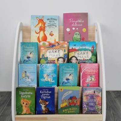 Estante branca com livros infantis coloridos organizados em prateleiras de madeira