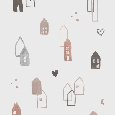 Padrão decorativo com casas estilizadas, corações e luas em cores neutras sobre fundo branco.