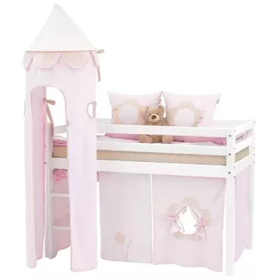 Cama infantil branca com tenda rosa e almofadas decorativas com flor