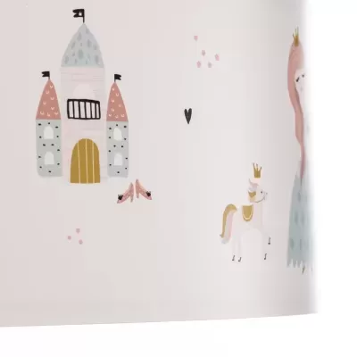 Ilustrações de castelo, sapatos, cavalo e figura feminina em papel de parede branco