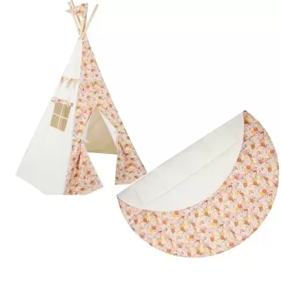 Tenda de brincar tipo tipi com padrão floral e tapete semi circular