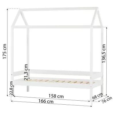 Estrutura de cama branca em forma de casinha com dimensões em cm