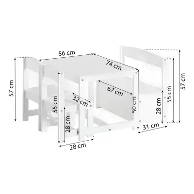 Mesa e duas cadeiras infantis brancas com dimensões em centímetros indicadas
