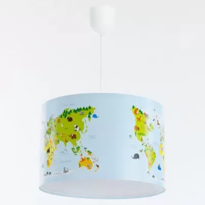 Candeeiro de tecto infantil com abajur azul e mapa-múndi colorido
