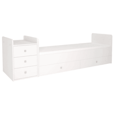 Cama branca com três gavetas laterais e três gavetas em baixo