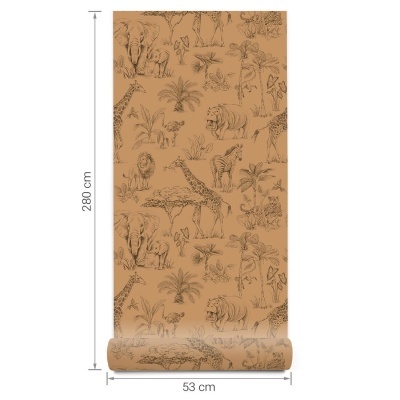 Rolo de papel de parede com ilustrações de animais da savana em castanho claro e preto