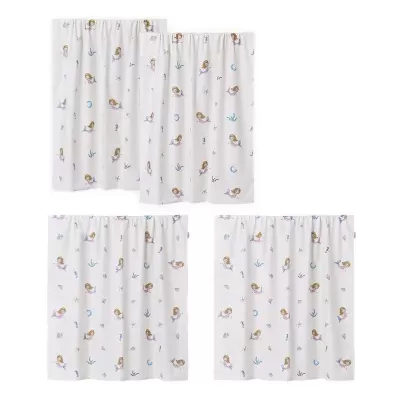 Cortinas brancas com padrão de sereias e elementos marinhos coloridos