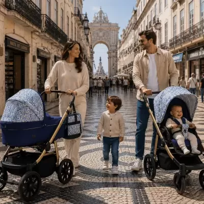 Dois carrinhos de bebé azuis com padrões azuis e brancos na rua Augusta em Lisboa.