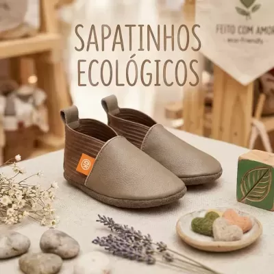Par de sapatinhos ecológicos castanhos com etiqueta laranja sobre mesa com flores e pedras