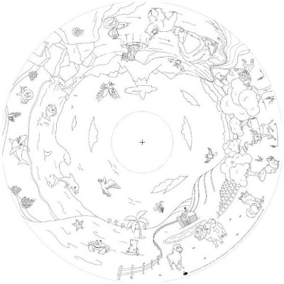 Desenho circular a preto e branco com animais e elementos naturais em estilo esboço