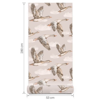 Papel de parede com gansos voando em padrão sobre fundo bege