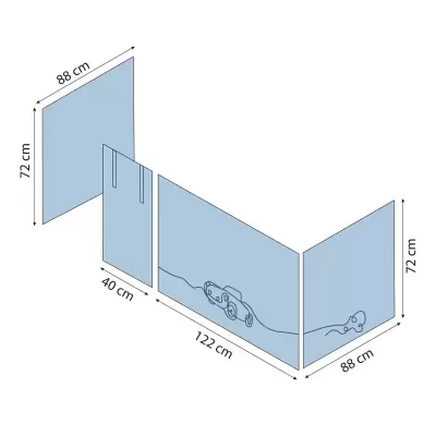 Separador de ambiente azul com desenhos lineares de carros e dimensões indicadas.