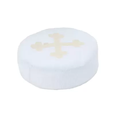 Almofada redonda branca com padrão cruz bege no topo