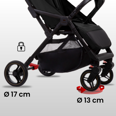 Carrinho de bebé preto com rodas de 13 cm e 17 cm e cesto em rede